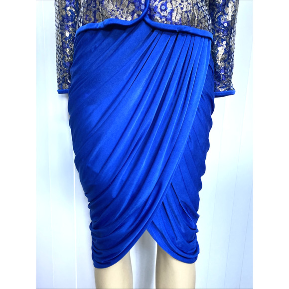 Vintage Tadashi Dress Blue Gold Sequin Long Sleeve V Neck Embellished Ru… - Picture 7 of 10